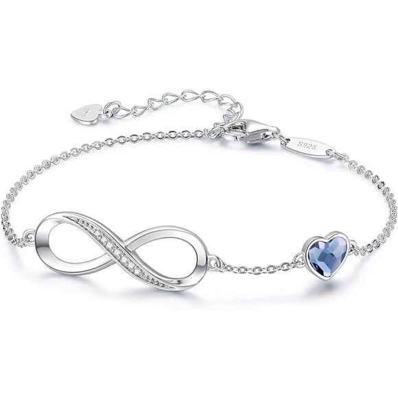 925 Sterling Silver Infinity Heart Birthstone Charm Link Bracelet for Women - Picture 1 of 4